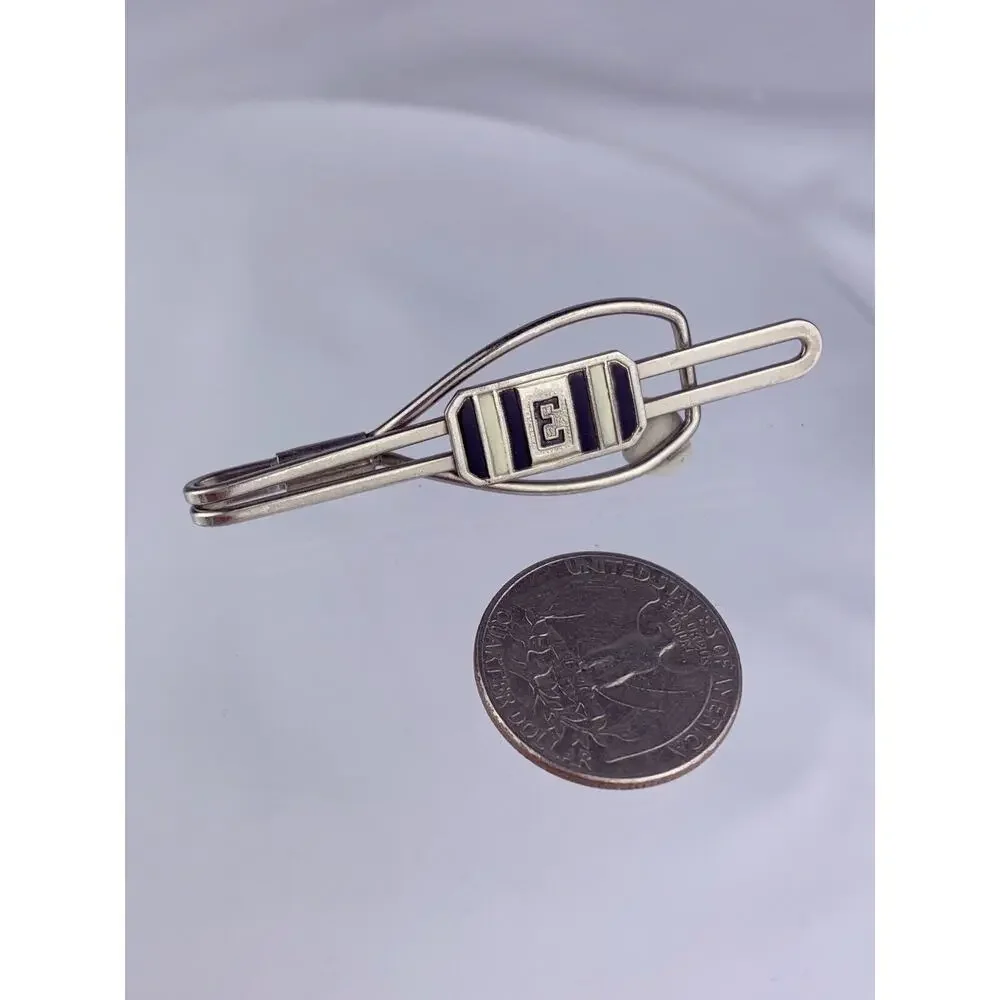 E Initial Silver Tone Tie Clip Bar White Black Enamel Retro Vintage O1